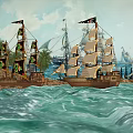 Classic Wooden Ships With Pirate Flags Green Gold Sails And Distant Sailing Vessel On Ocean