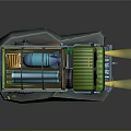 Green Military Tank With Metal Railings And Glowing Headlights On Gray Platform
