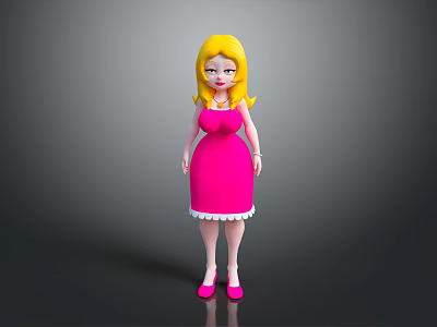 Blonde Haired 3D Game Movie Character In Pink Dress With White Trim And Pink Shoes 3d model