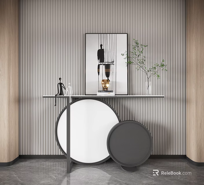 Modern Console Table With Striped Wall Art Green Plant And Round Decor 3d model 