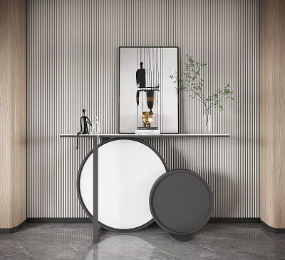 Modern Console Table With Striped Wall Art Green Plant And Round Decor 3d model
