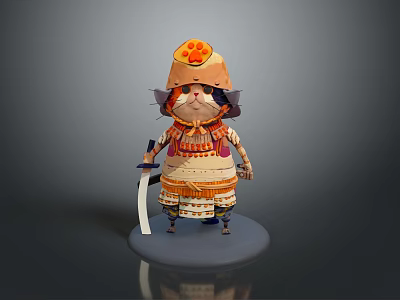 Cute Samurai Cat Standing in Traditional Costume With Decorated Helmet and Sword on Platform 3d model