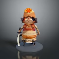 Cute Samurai Cat Standing in Traditional Costume With Decorated Helmet and Sword on Platform