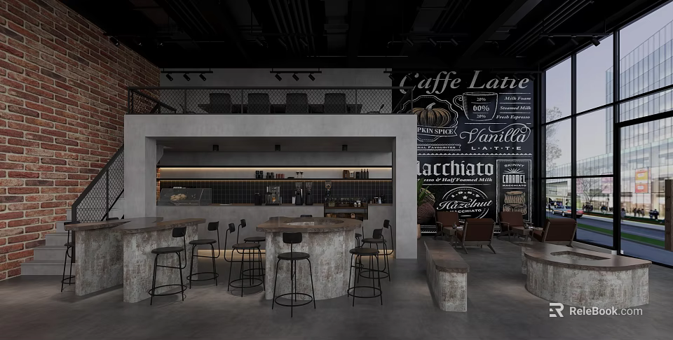 Industrial Modern Cafe Interior With Brick Wall Black Wall Coffee Terms Bar Counter And Stools 3d model 