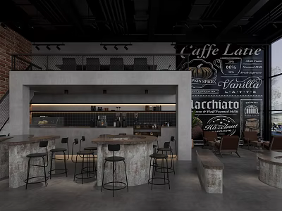 Industrial Modern Cafe Interior With Brick Wall Black Wall Coffee Terms Bar Counter And Stools 3d model