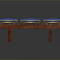 Stylish Public Bench With Three Blue Cushions Wooden Frame And Button Details