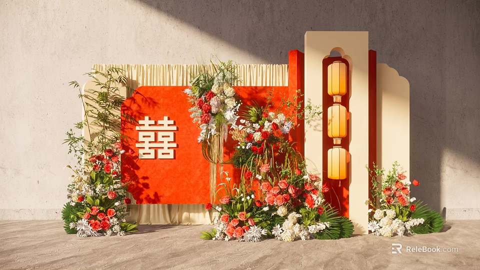 Traditional Chinese Wedding Decor With Red Backdrop Double Happiness Symbol Flower Arrangements And Lanterns 3d model 