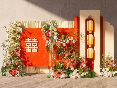 Traditional Chinese Wedding Decor With Red Backdrop Double Happiness Symbol Flower Arrangements And Lanterns 3d model