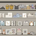 Cute Stuffed Toys Display on Shelves with Photo Frames Books and Baskets