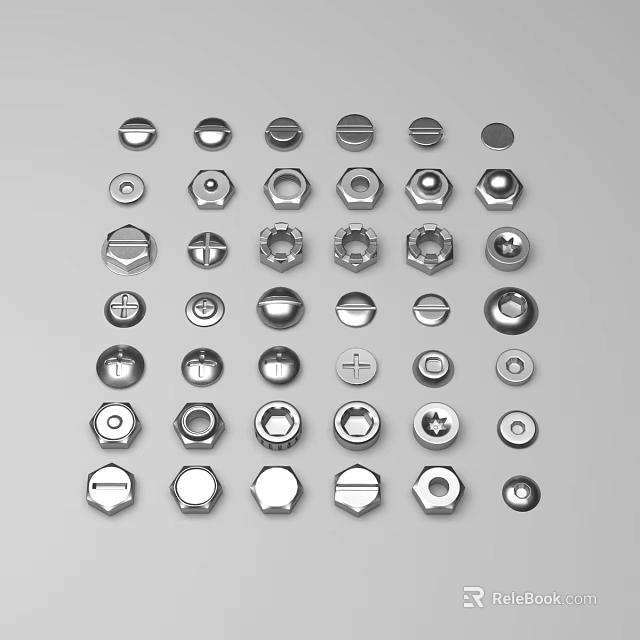 Various Types of Metal Nuts and Bolts Hardware Tools 3d model 