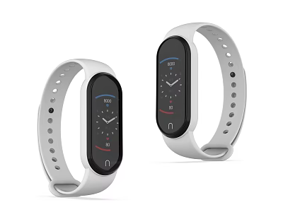 Two Smart Bracelets With White Straps And Black Screens Featuring Digital Clock 3d model