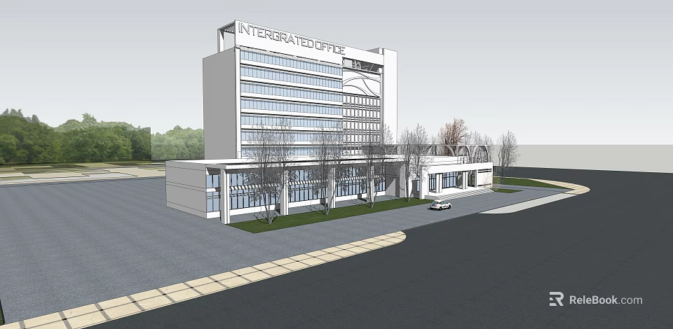 Integrated Office Building Modern Multi Storey Structure With Glass Facade Front Landscaping And Parking Area 3d model 