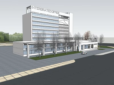 Integrated Office Building Modern Multi Storey Structure With Glass Facade Front Landscaping And Parking Area 3d model