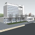 Integrated Office Building Modern Multi Storey Structure With Glass Facade Front Landscaping And Parking Area
