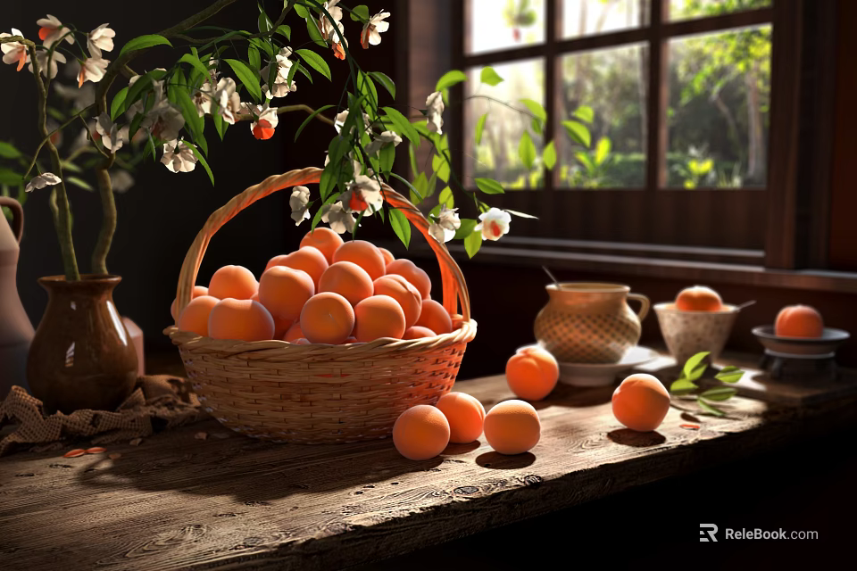 Fresh Ripe Apricots in Wicker Basket Scattered on Wooden Table with Sunlight Through Window 3d model 