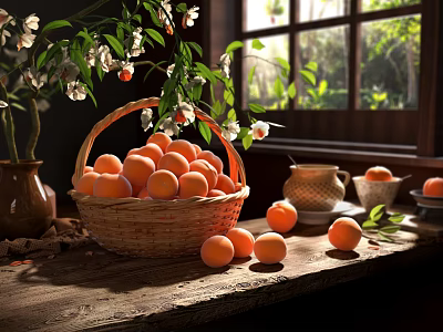 Fresh Ripe Apricots in Wicker Basket Scattered on Wooden Table with Sunlight Through Window 3d model