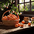 Fresh Ripe Apricots in Wicker Basket Scattered on Wooden Table with Sunlight Through Window