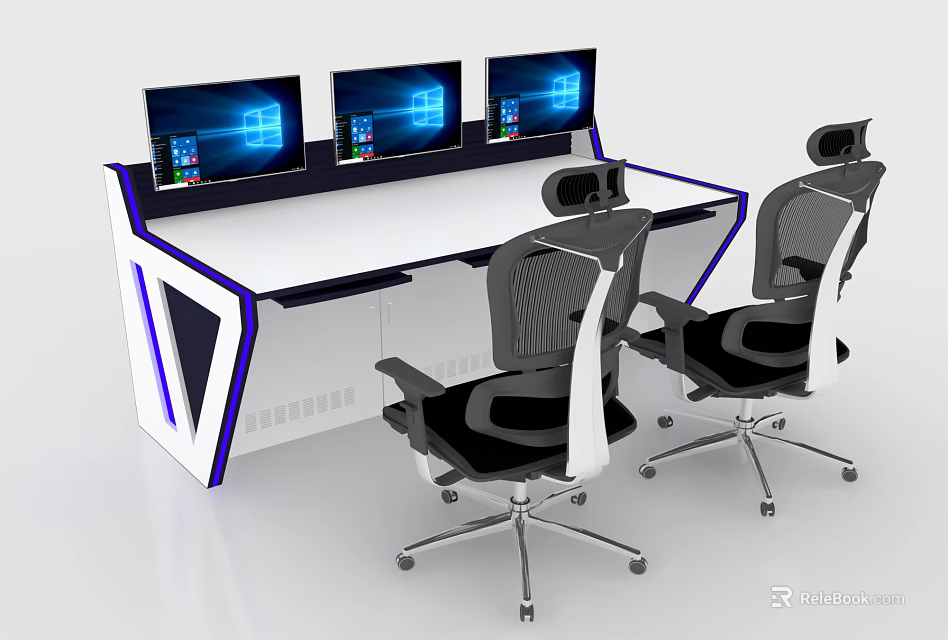Modern Office Desk With Three Monitors Two Ergonomic Chairs White Surface Blue Accents Metallic Legs 3d model 