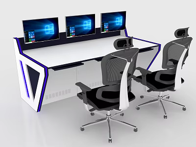 Modern Office Desk With Three Monitors Two Ergonomic Chairs White Surface Blue Accents Metallic Legs 3d model