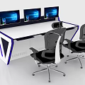 Modern Office Desk With Three Monitors Two Ergonomic Chairs White Surface Blue Accents Metallic Legs