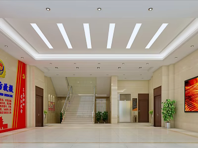 Spacious Service Hall with Staircase Red Signage Green Plants and Ceiling Lights 3d model