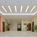 Spacious Service Hall with Staircase Red Signage Green Plants and Ceiling Lights