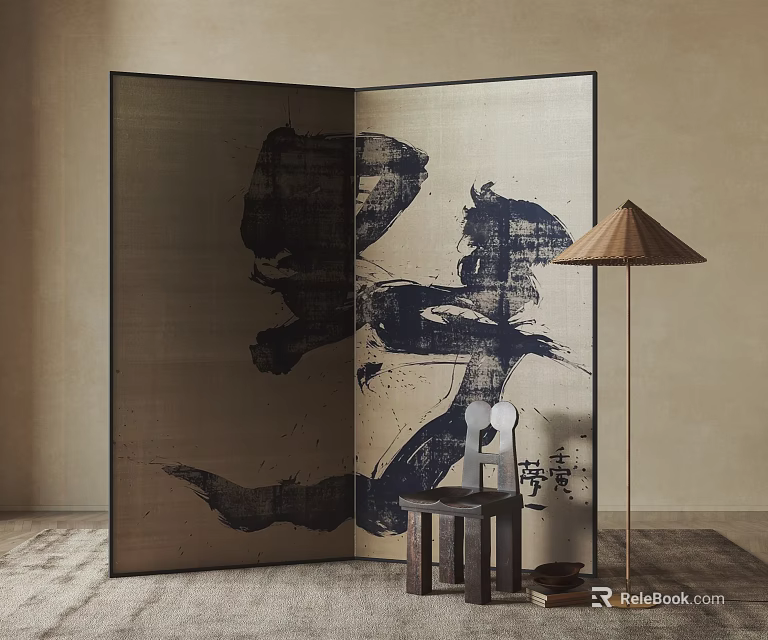 Double Panel Screen With Ink Art In Modern Interior 3d model