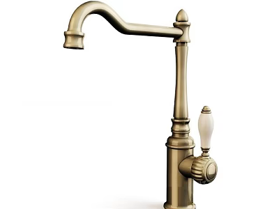 Vintage Brass Faucet With Elegant Curved Spout And White Handle 3d model