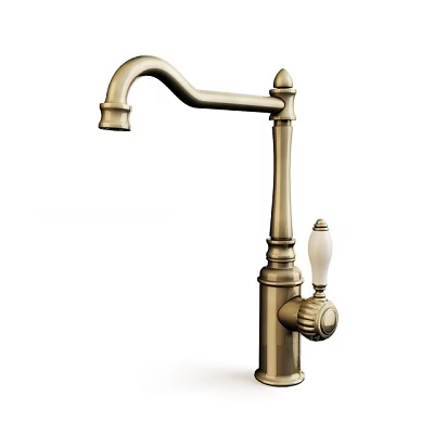 Vintage Brass Faucet With Elegant Curved Spout And White Handle 3d model