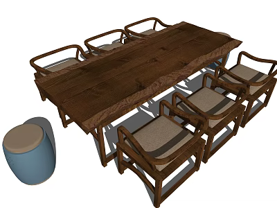 Rustic Solid Wood Table And Chairs Set With Fabric Cushions And Blue Drum Stool 3d model
