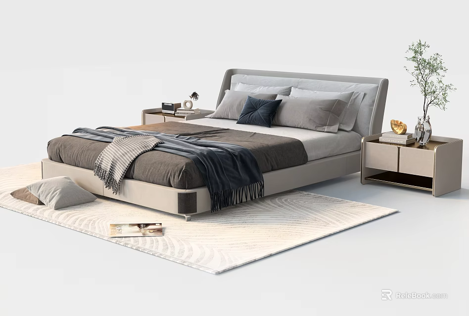 Modern Double Bed With Upholstered Headboard Pillows Throw Blanket And Nightstands 3d model 