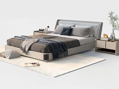Modern Double Bed With Upholstered Headboard Pillows Throw Blanket And Nightstands 3d model