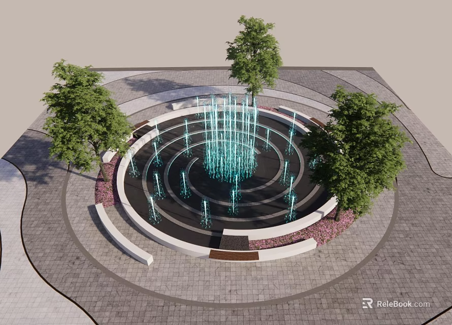 Circular Public Fountain With Water Jets Surrounded By Trees And Paved Ground 3d model 