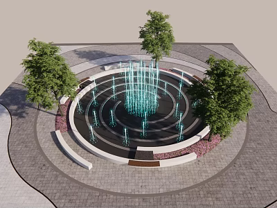 Circular Public Fountain With Water Jets Surrounded By Trees And Paved Ground 3d model