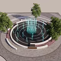 Circular Public Fountain With Water Jets Surrounded By Trees And Paved Ground
