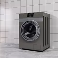 Modern Gray Washing Machine With Digital Control Panel Against White Tile Wall And Gray Floor 3d model