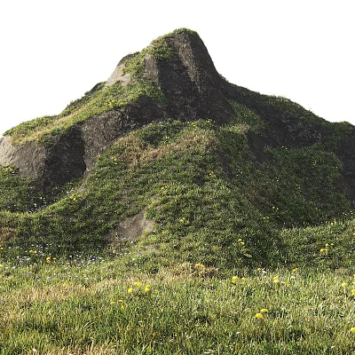 Garden Ornament With Green Vegetation Yellow Small Flowers Hill Rock And Grassland 3d model