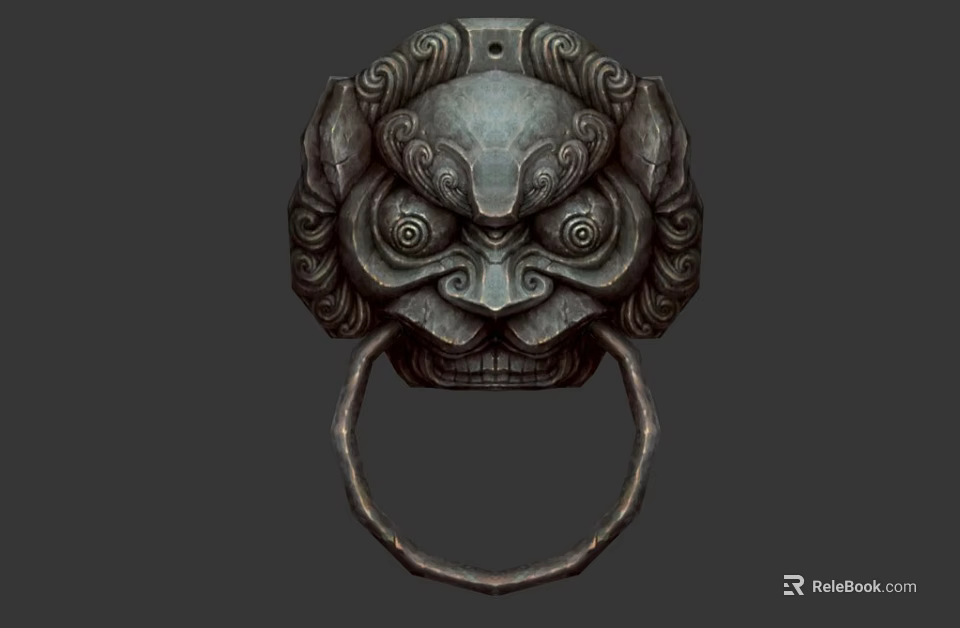 Traditional Stone Lion Head Door Knocker With Intricate Carved Patterns 3d model 