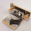 Modern Double Bed With Wooden Headboard Gray Dark Bedding And Side Shelves