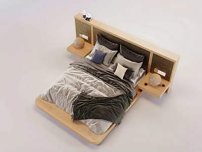 Modern Double Bed With Wooden Headboard Gray Dark Bedding And Side Shelves 3d model