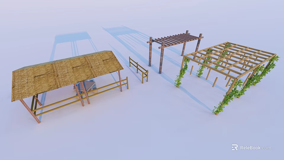 Outdoor Wooden Structures With Thatched Roof Railings And Climbing Vines 3d model 