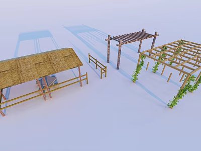 Outdoor Wooden Structures With Thatched Roof Railings And Climbing Vines 3d model