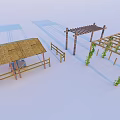 Outdoor Wooden Structures With Thatched Roof Railings And Climbing Vines