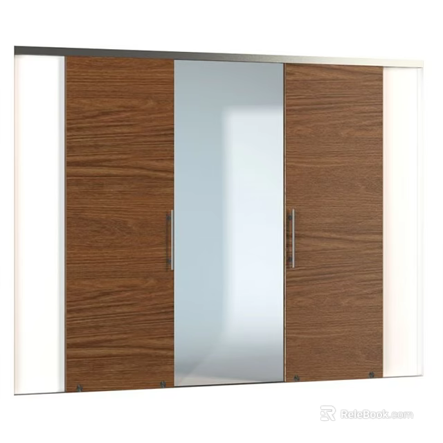 Modern Wooden Wardrobe Double Doors With Mirrored Panel And Metal Handles 3d model 