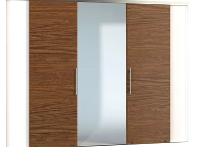 Modern Wooden Wardrobe Double Doors With Mirrored Panel And Metal Handles 3d model