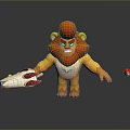Angry Cartoon Lion With Red Mane Holding White Rocket Launcher And Colorful Ball