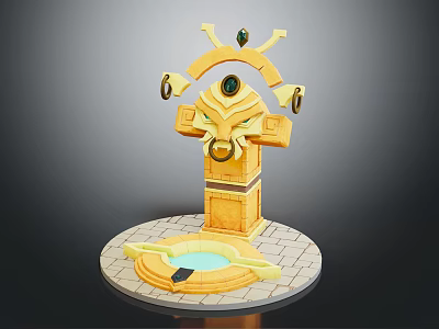 Golden Decorative Fountain Structure With Arched Top Eye Elements And Circular Water Basin 3d model