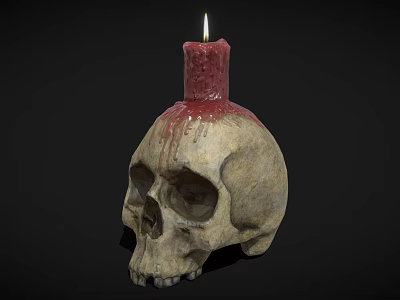 Skull Shaped Candle Lamp With Lit Red Candle And Dripping Wax 3d model