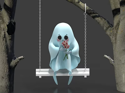 Cute Blue Ghost Decorative Ornament Set With Swing Trees And Flowers 3d model