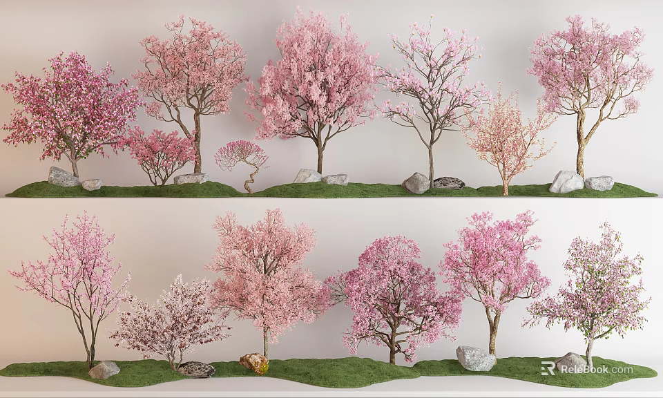 Ornamental Flowering Trees With Pink Blossoms And Diverse Forms On Grass With Stones 3d model